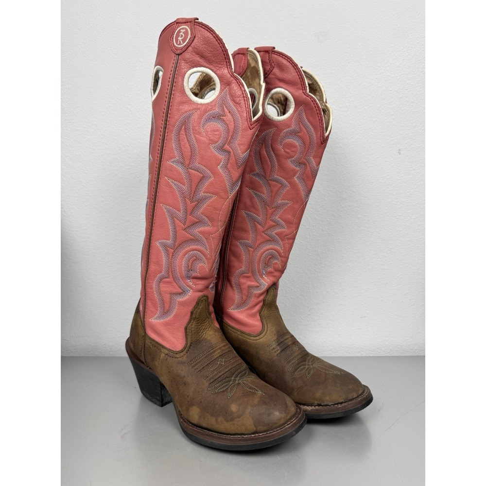 Vintage Tony Lama Buckaroo Cowboy Boots Womens 5.5 B Pink Brown Tall Embroidered